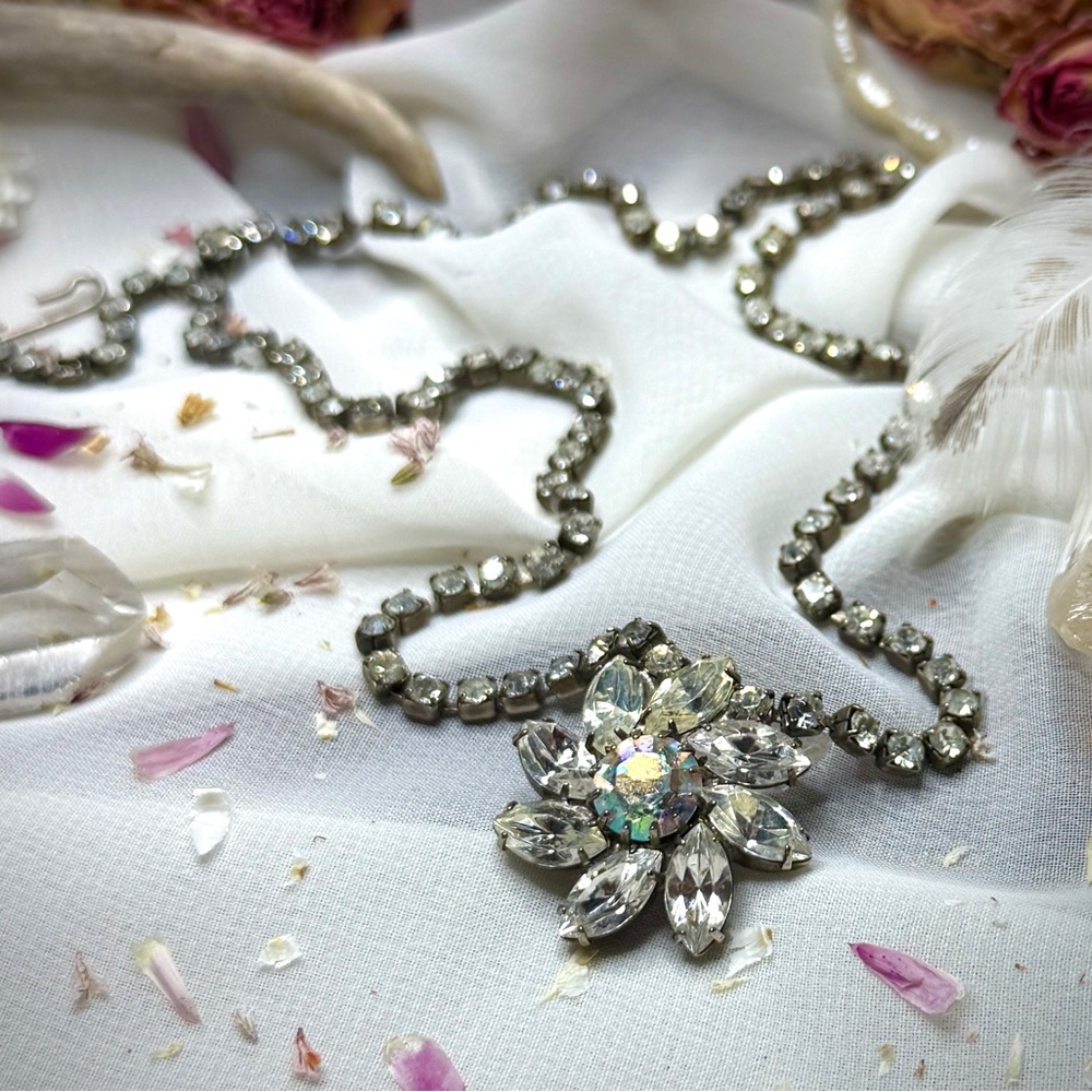 1950’s Eisenberg Floral AB Crystal Rhinestone Pendant Choker Statement Necklace